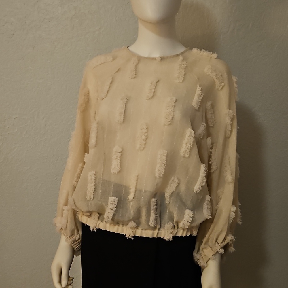 ZARA Cream Textured Metallic Gold Balloon Sleeve Oversized Sheer Blouson Top - Picture 3 of 7